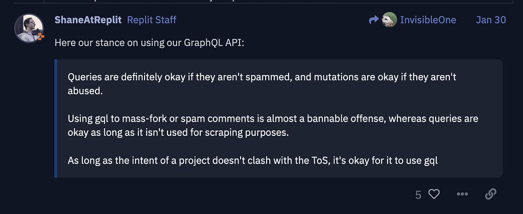 What is the current official stance on using replit’s GraphQL?