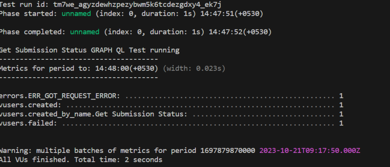 Artillery Performance Testing for Graph ql endpoints in yml file (not able to see debug log or what went wrong after execution)