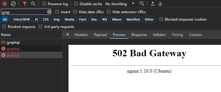 NGINX NextJS GraphQL same origin same port fetch calls show 502 Bad Gateway Error