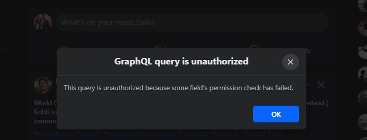 Why is this error, GraphQL query is unauthorized showing up in facebook Erro?